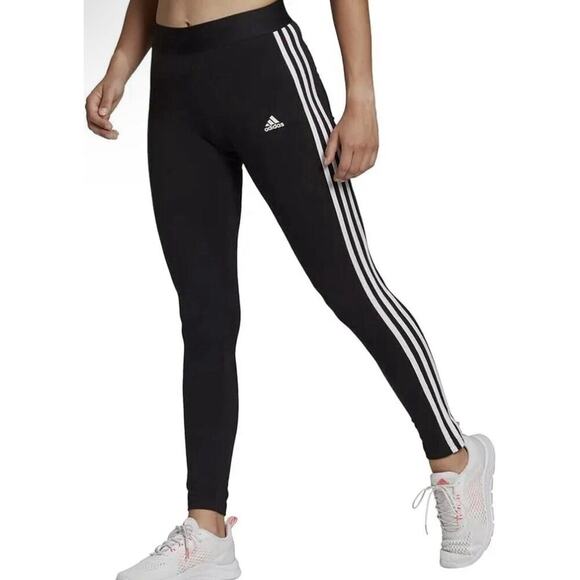 Women's Adidas Black White 3 Stripe Leggings Full Length Small Athleisure Track - Picture 1 of 9